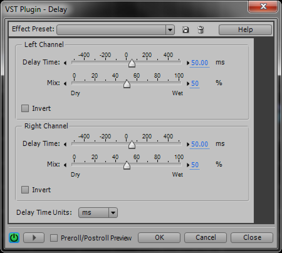 Settings for Audition's "Delay" plugin