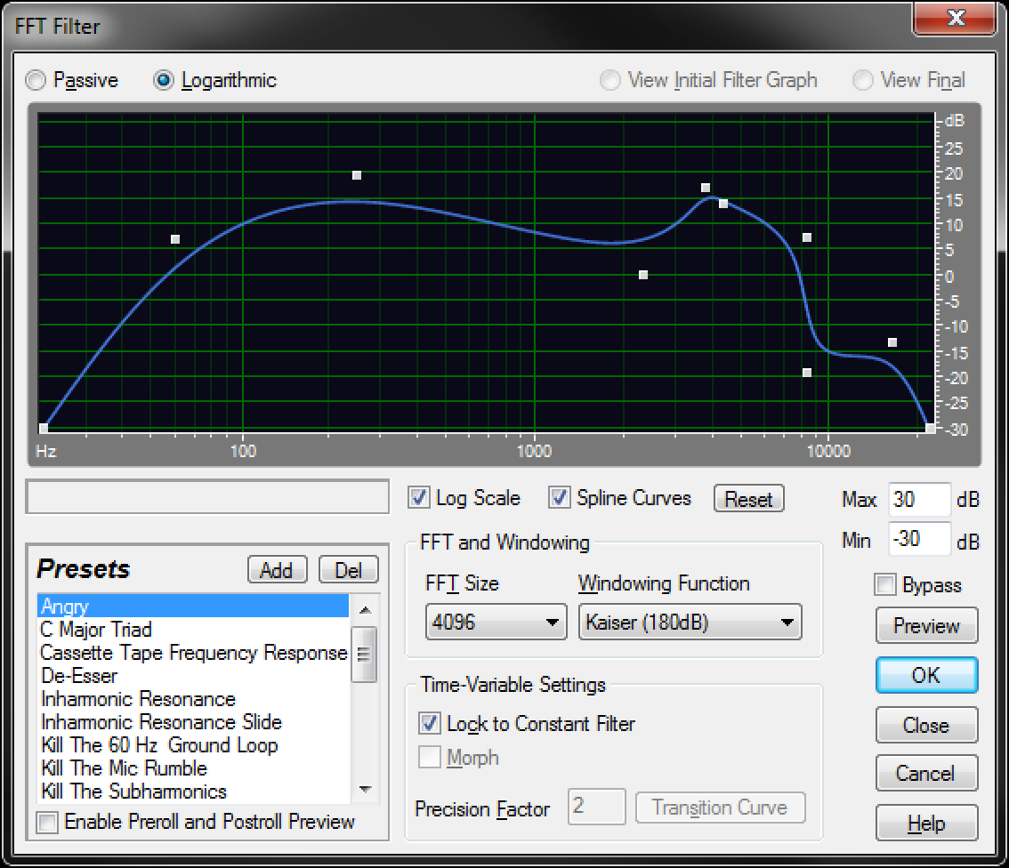 Settings for Audition's "FFT Filter" plugin