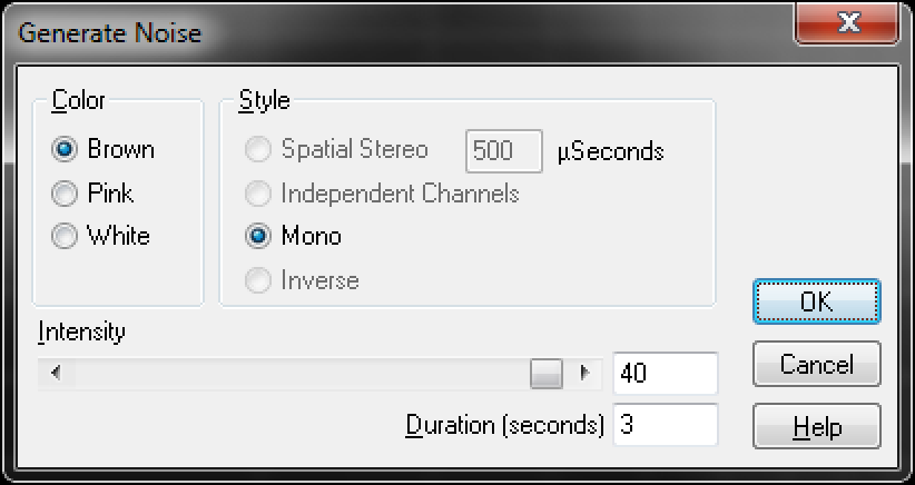 Settings for Audition's "Generate Noise" function