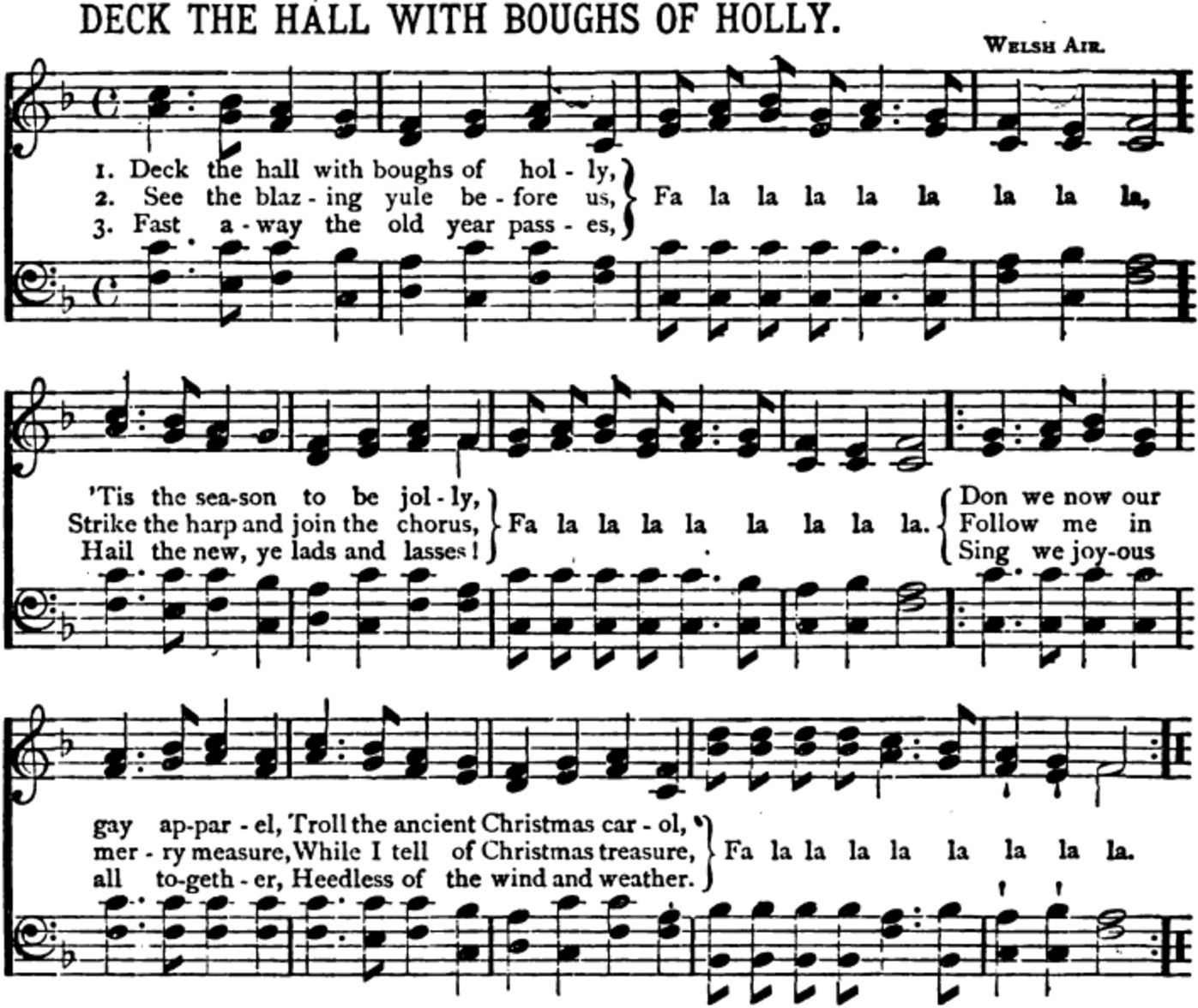 "Deck the Hall [sic] With Boughs of Holly" as printed in The Pennsylvania School Journal, vol. xxvi (1877, {{% link wiki-deck-the-hall-1877 %}}Wikipedia{{% /link %}}). This version lacks the third set of "fa la las" and their distinct melody.