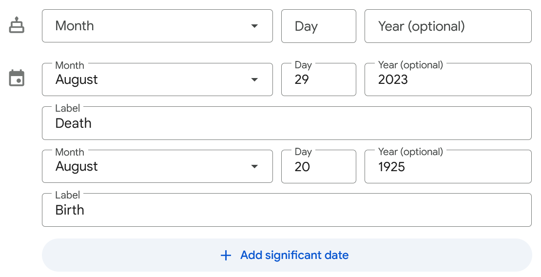 The significant dates on my grandmother's {{% link google-contacts /%}} entry. My convention is to move the birthday into a significant date named **"Birth"** and the date of death into **"Death"** alongside it.