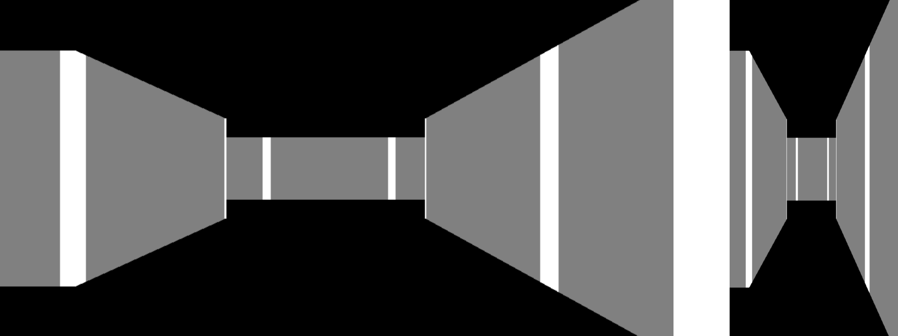 Two views of the same scene. The left view is rendered in a 2:1 aspect ratio and the right view uses 1:2. In each view, the overall shape of the walls is influenced by the shape of the screen that they are rendered onto.